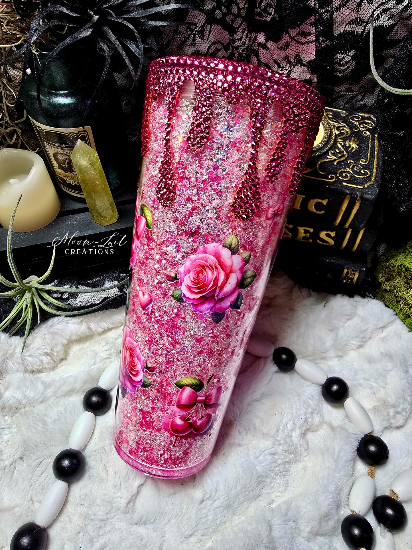 Pink Cherry Rhinestoned Snowglobe cup (Ready to Ship)