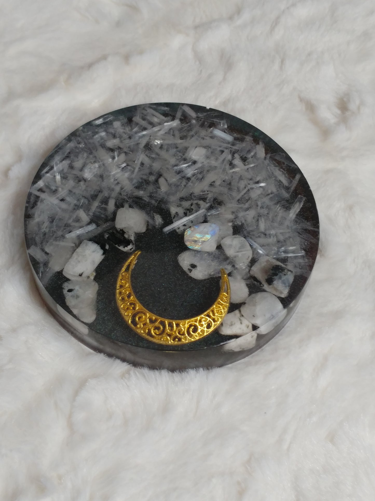 Rainbow Moonstone & Selenite coaster/ crystal charging plate
