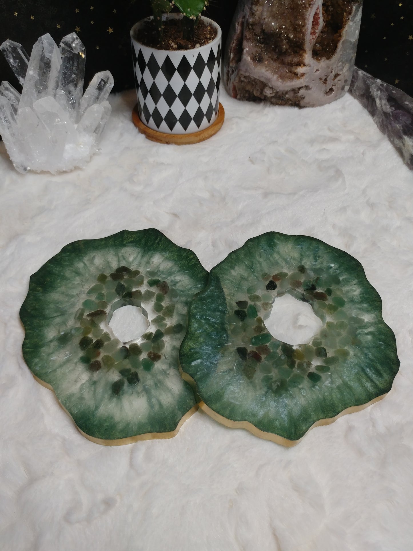 Green Aventurine & Selenite Agate inspired coasters (set of 2)