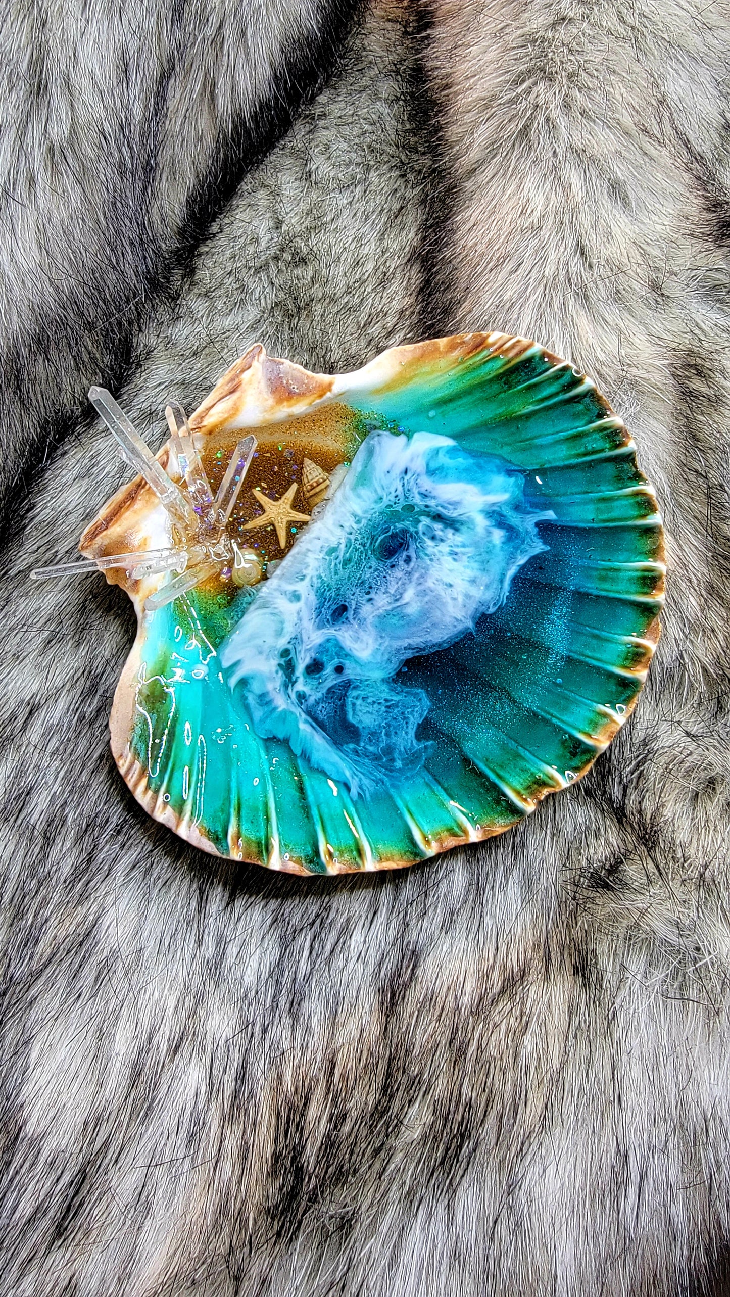 Sea shell ocean jewelry dish w/natural Lamarian quartz crystals