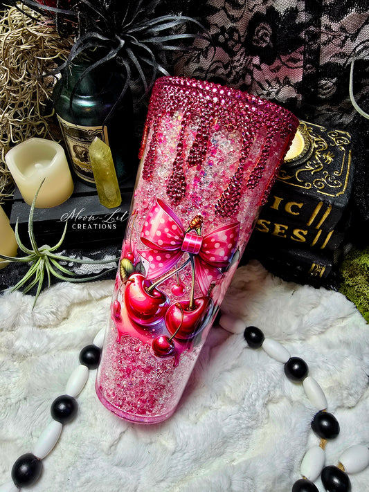 Pink Cherry Rhinestoned Snowglobe cup (Ready to Ship)