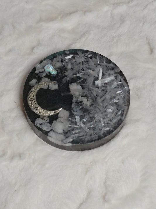 Rainbow Moonstone & Selenite coaster/ crystal charging plate