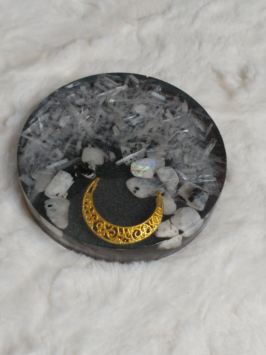 Rainbow Moonstone & Selenite coaster/ crystal charging plate