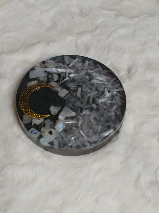 Rainbow Moonstone & Selenite coaster/ crystal charging plate