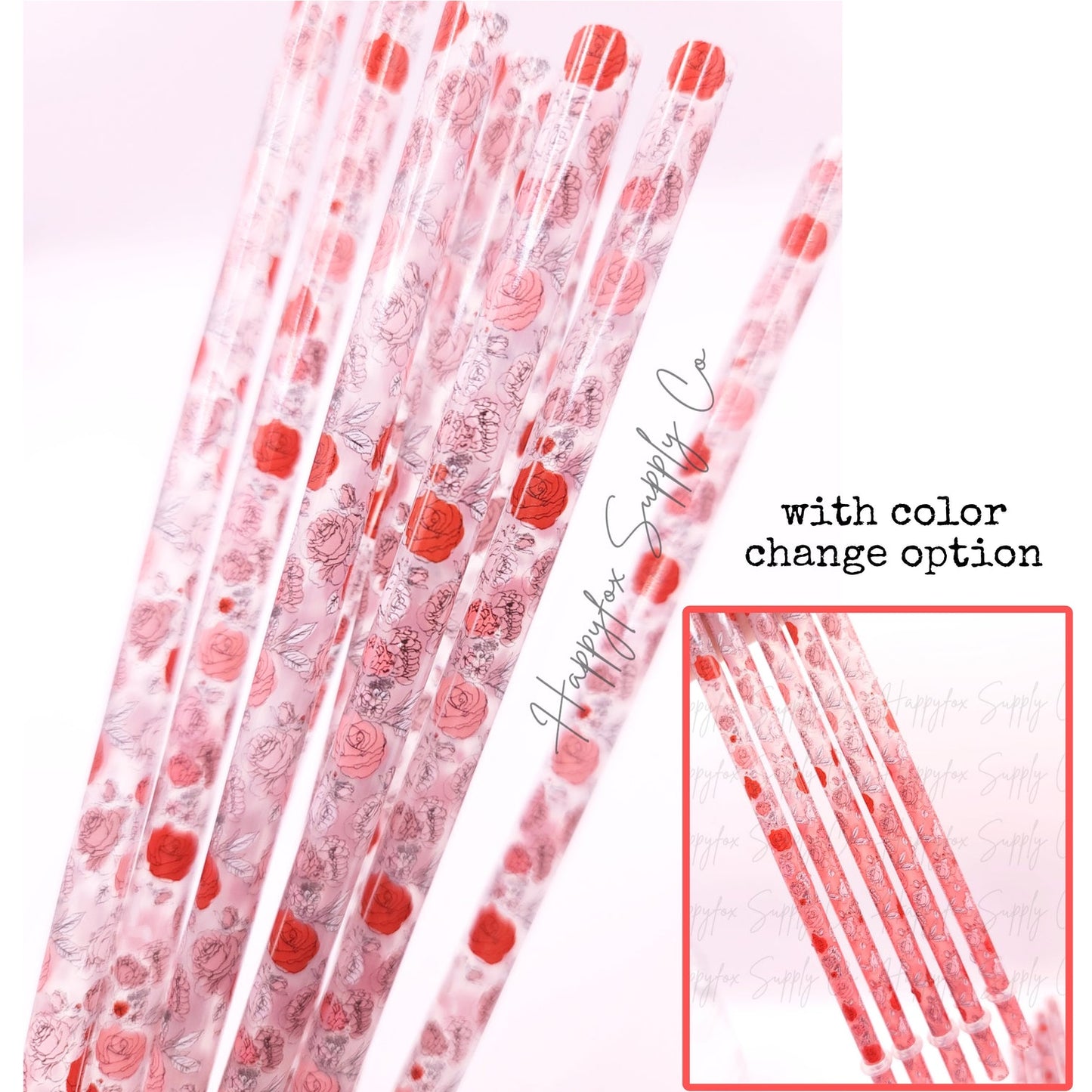(Color Changing)  Red Rose Reusable plastic straw